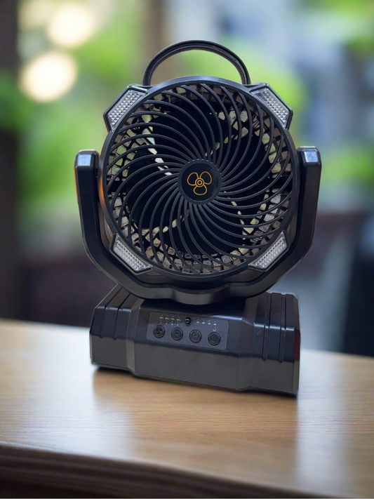Camping Fan with LED Light,  Rechargeable Battery Operated Table Fan, Auto-Oscillating Camping Fan